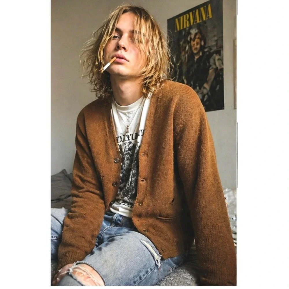 Vintage 60s Distressed Wool Cardigan Grunge Kurt‎ Cobain Grandpacore M